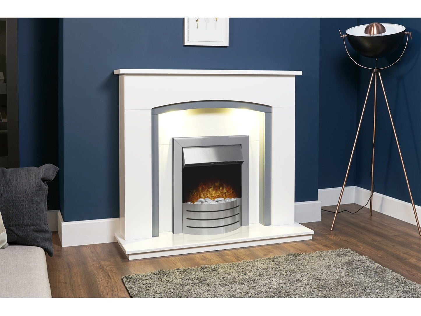 Adam Savanna Fireplace Pure White & Grey + Comet Electric Fire Brushed Steel, 48"