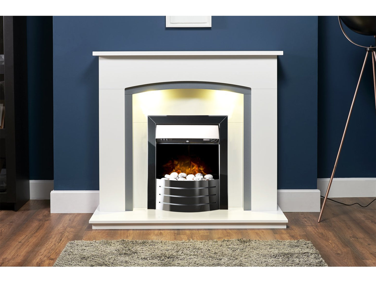 Adam Savanna Fireplace Pure White & Grey + Comet Electric Fire Obsidian Black, 48"