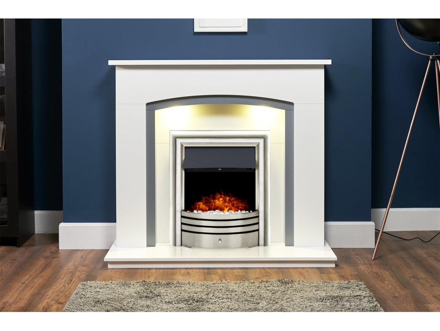 Adam Savanna Fireplace Pure White & Grey + Astralis 6-in-1 Electric Fire Chrome, 48"