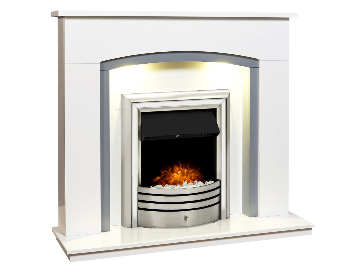 Adam Savanna Fireplace Pure White & Grey + Astralis 6-in-1 Electric Fire Chrome, 48"