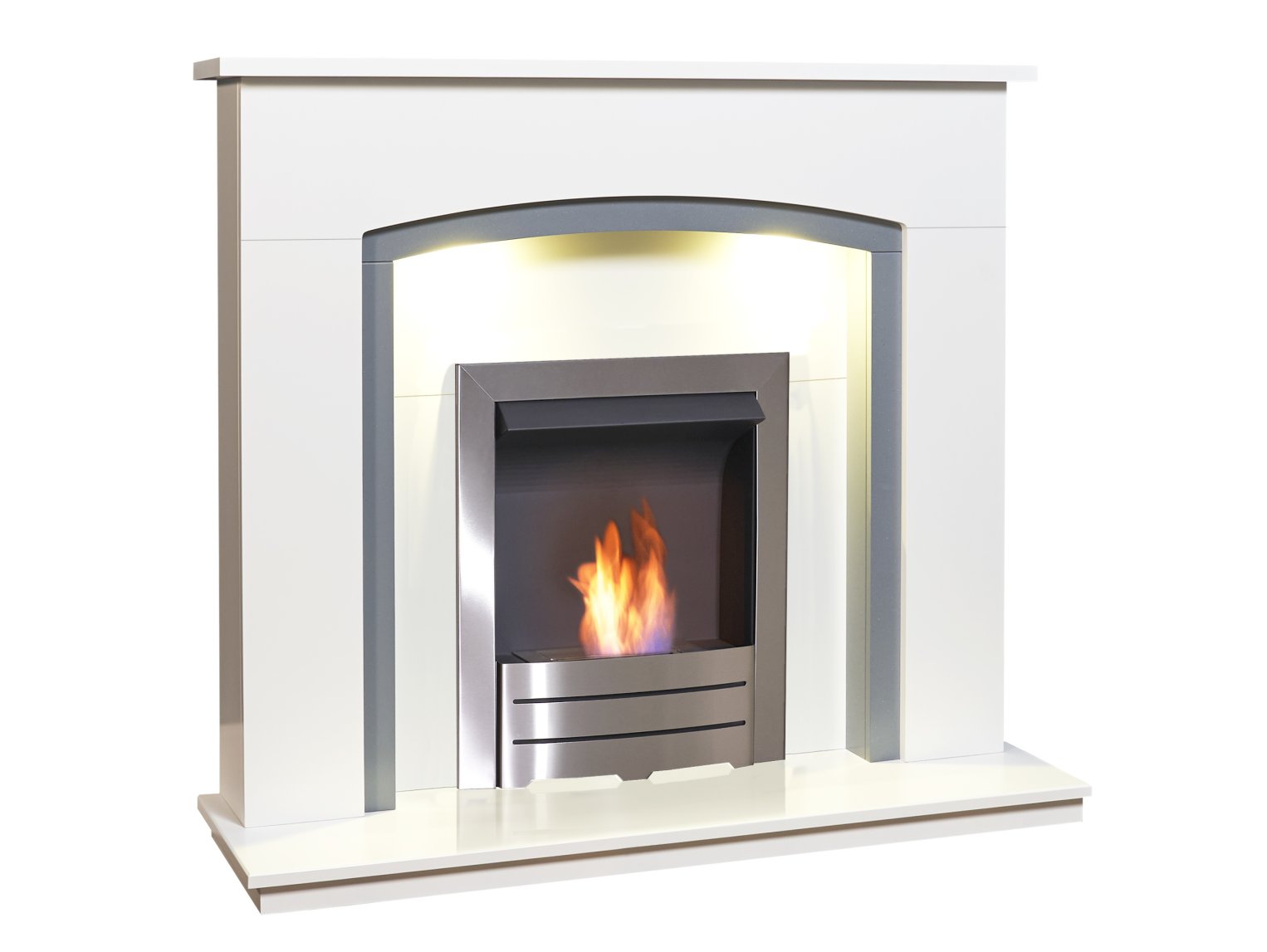Adam Savanna Fireplace Pure White & Grey + Colorado Bio Ethanol Fire Brushed Steel, 48"