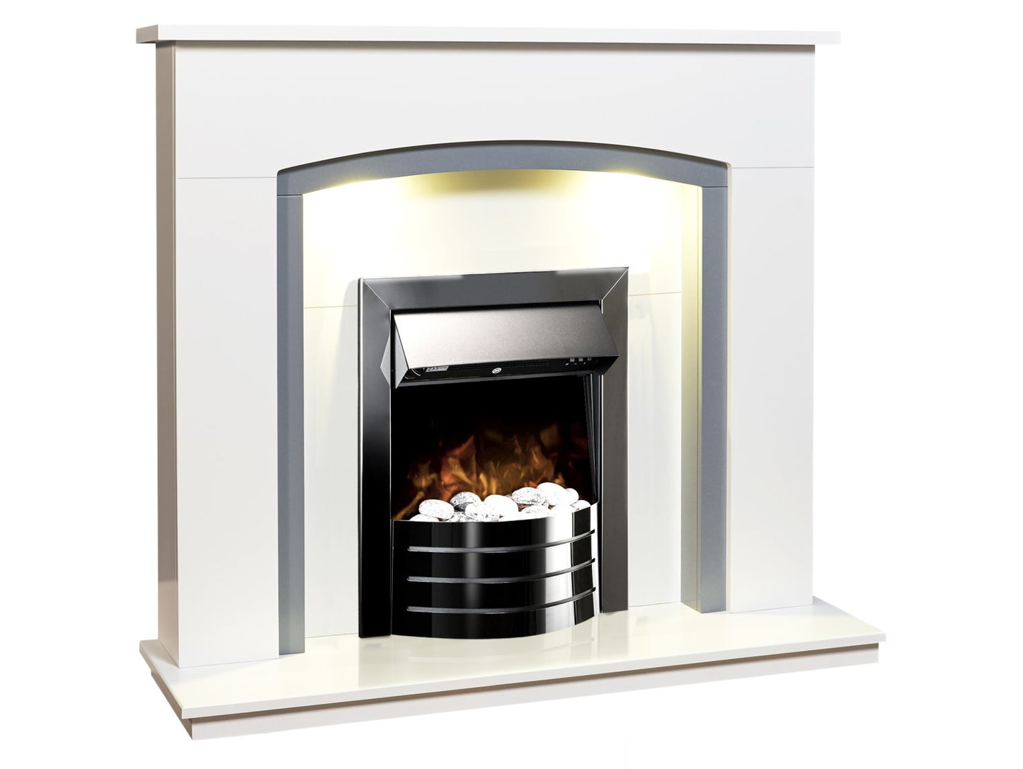 Adam Savanna Fireplace Pure White & Grey + Comet Electric Fire Obsidian Black, 48"