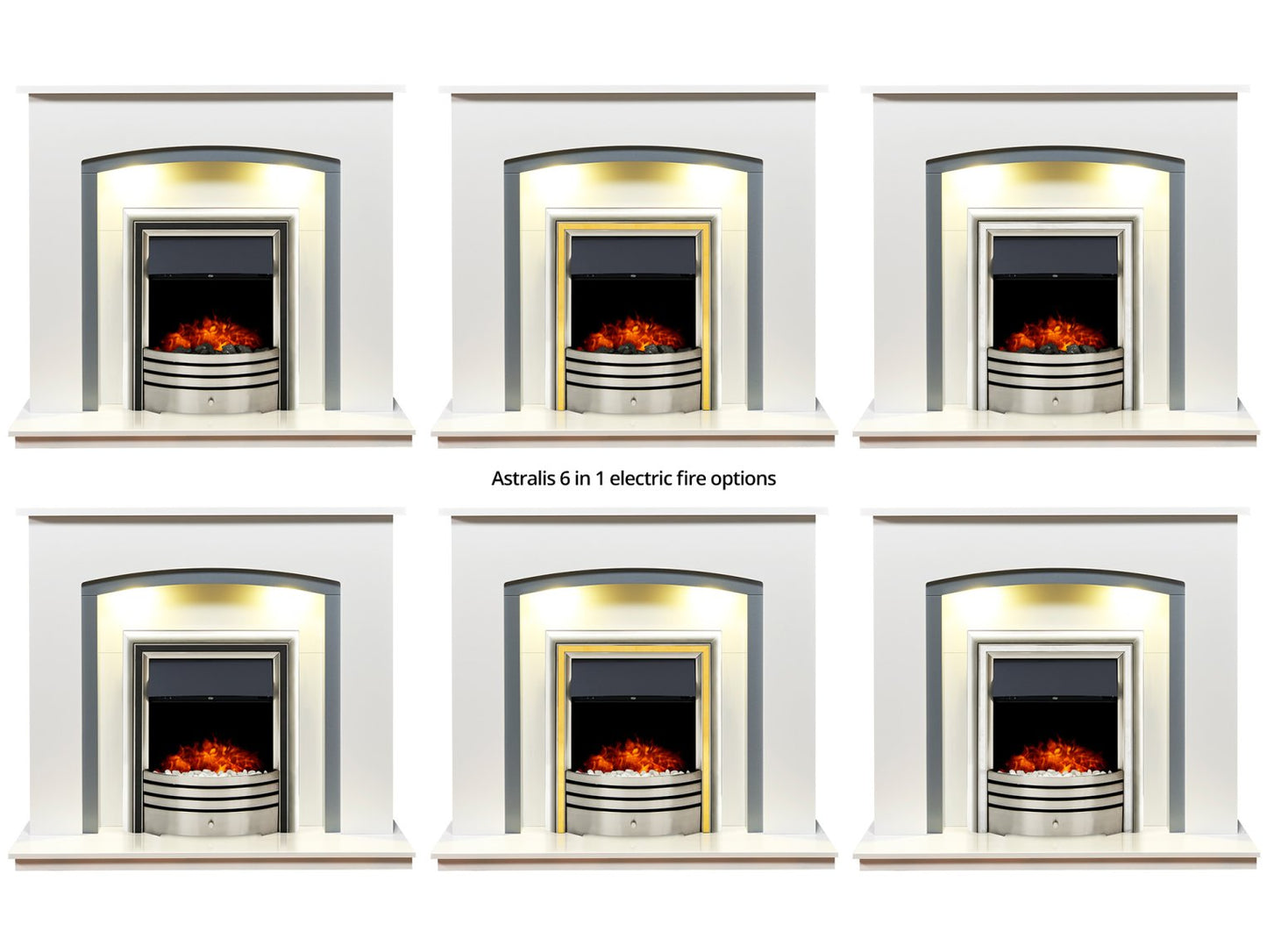 Adam Savanna Fireplace Pure White & Grey + Astralis 6-in-1 Electric Fire Chrome, 48"