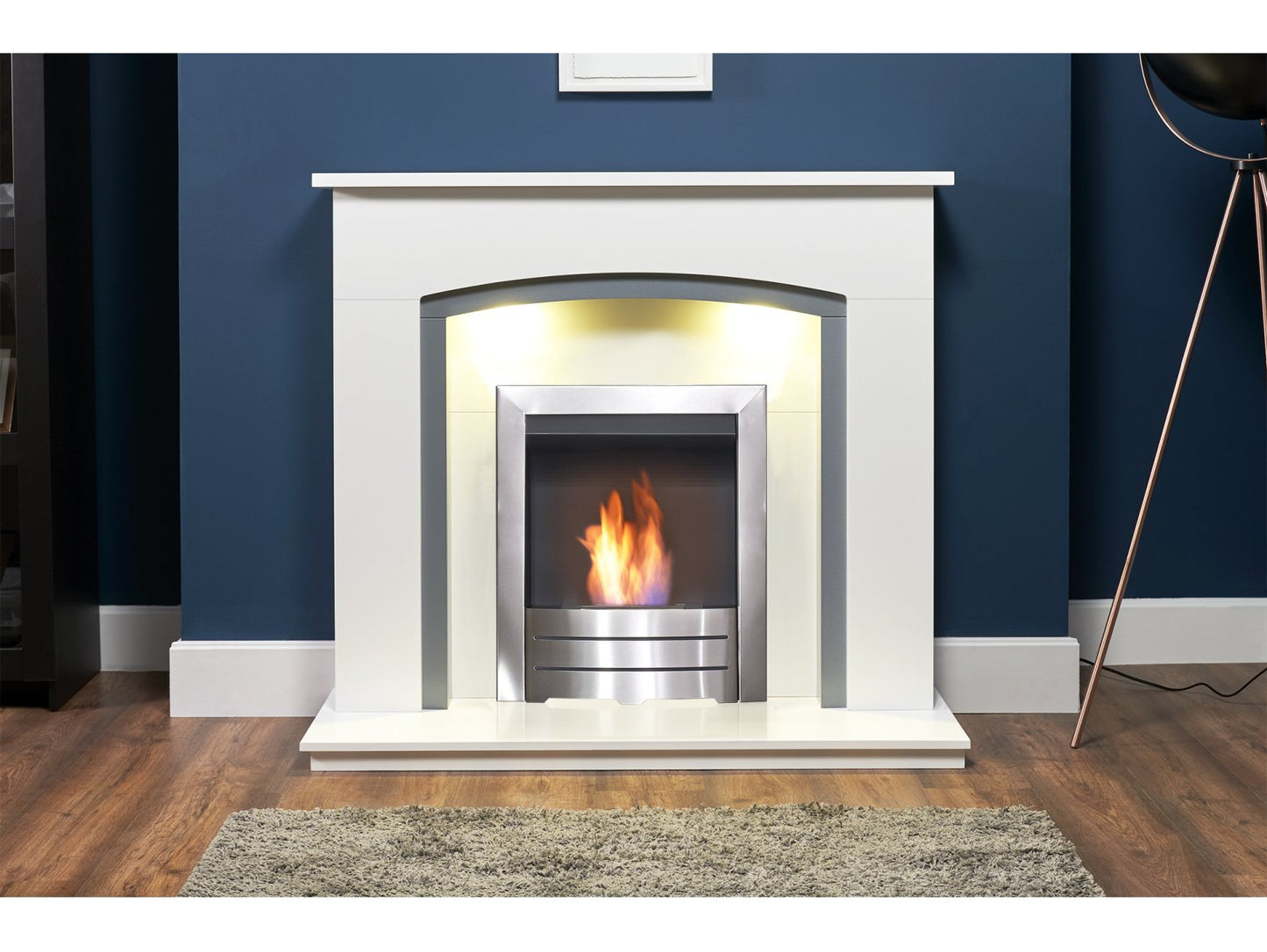 Adam Savanna Fireplace Pure White & Grey + Colorado Bio Ethanol Fire Brushed Steel, 48"