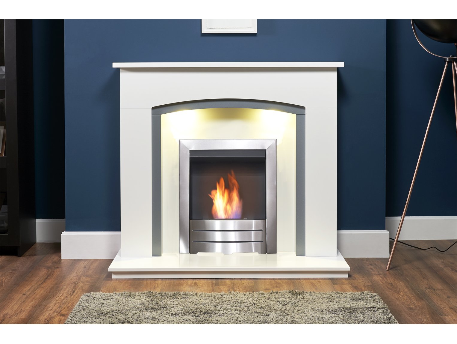 Adam Savanna Fireplace Pure White & Grey + Colorado Bio Ethanol Fire Brushed Steel, 48"