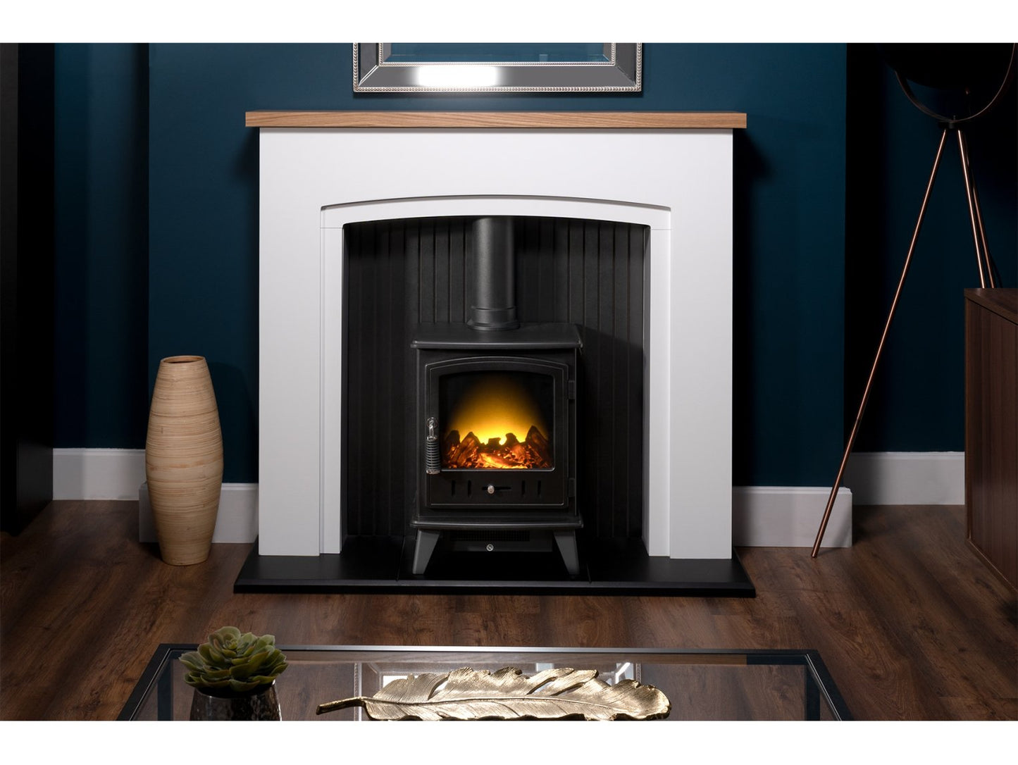 Adam Siena Stove Suite Pure White + Aviemore Electric Stove Black Enamel 48"
