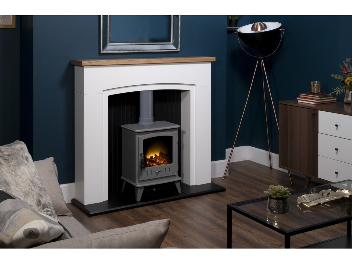 Adam Siena Stove Suite Pure White + Aviemore Electric Stove Grey Enamel, 48"