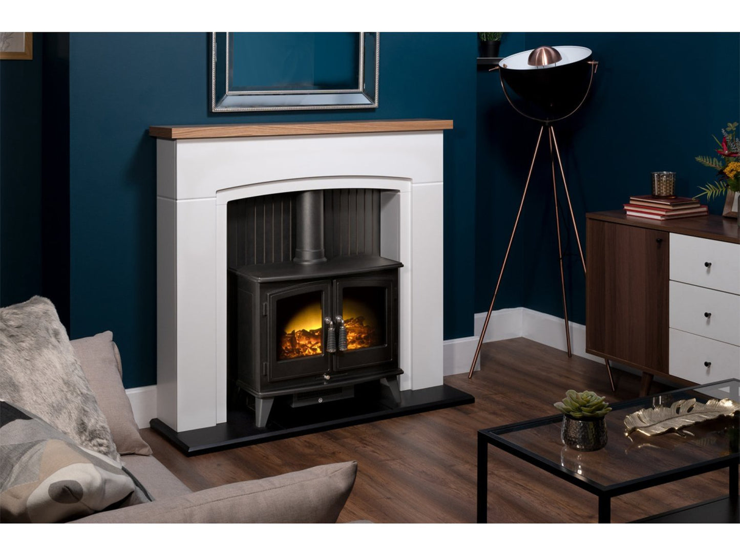 Adam Siena Stove Suite Pure White + Woodhouse Electric Stove Black, 48"