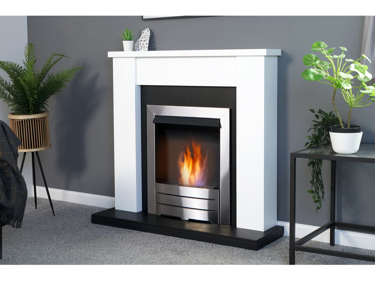 Adam Solus Fireplace Suite Black & White + Colorado Bio Ethanol Fire Brushed Steel, 39"