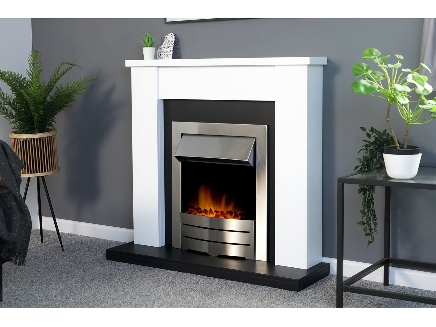 Adam Solus Fireplace Suite Black and White + Colorado Electric Fire Brushed Steel, 39"