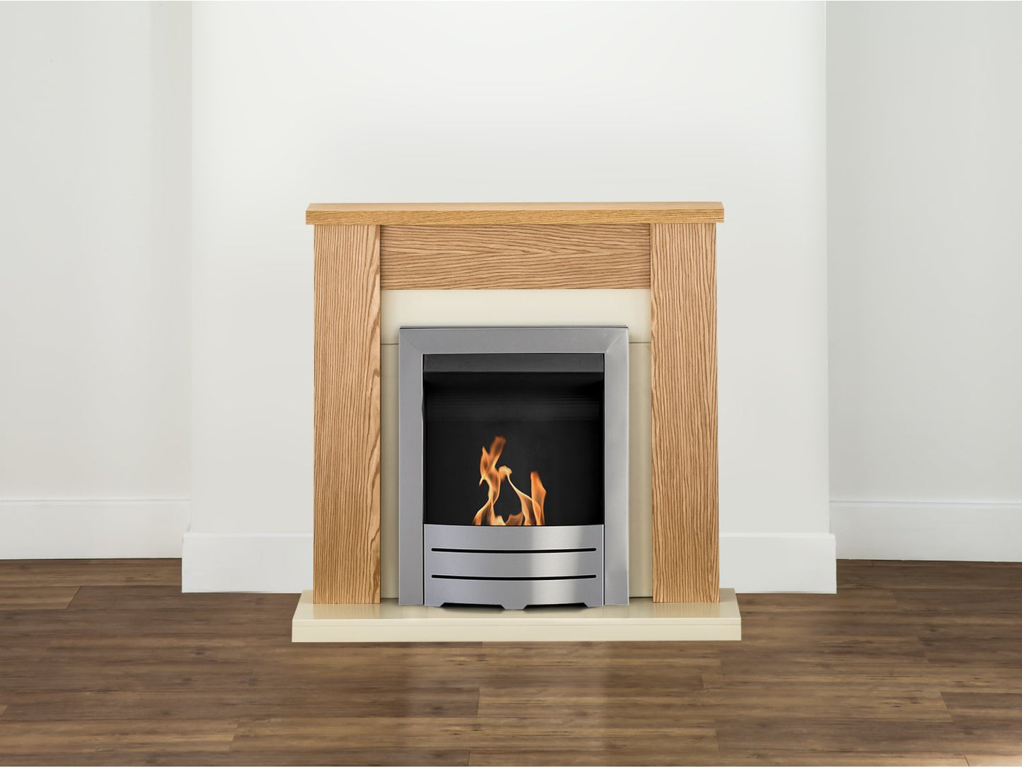 Adam Solus Fireplace Suite Oak + Colorado Bio Ethanol Fire Brushed Steel, 39"