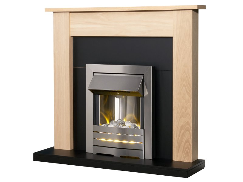 Adam Southwold Fireplace Oak & Black + Helios Electric Fire Brushed Steel, 43"