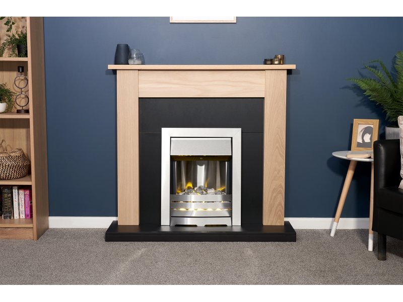 Adam Southwold Fireplace Oak & Black + Helios Electric Fire Brushed Steel, 43"