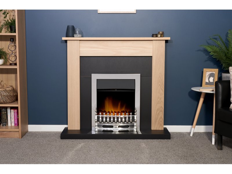 Adam Southwold Fireplace Oak & Black + Blenheim Electric Fire Chrome, 43"