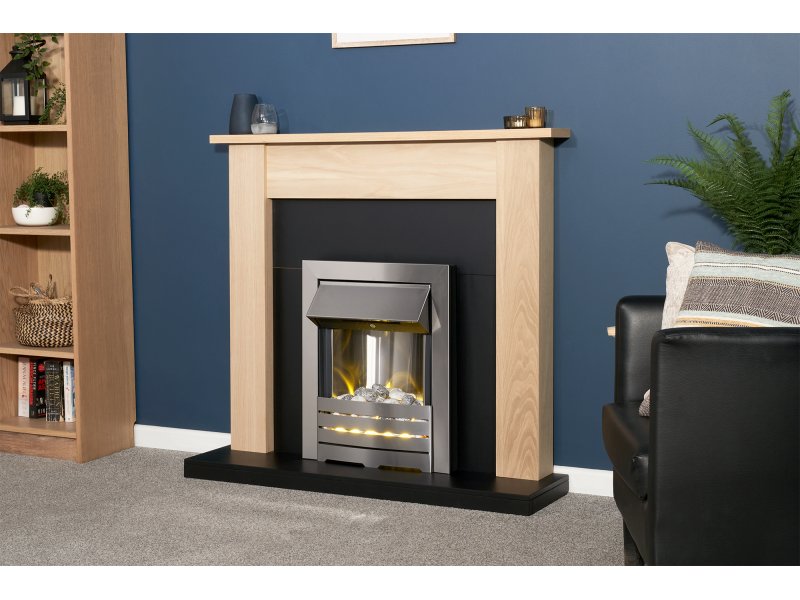 Adam Southwold Fireplace Oak & Black + Helios Electric Fire Brushed Steel, 43"
