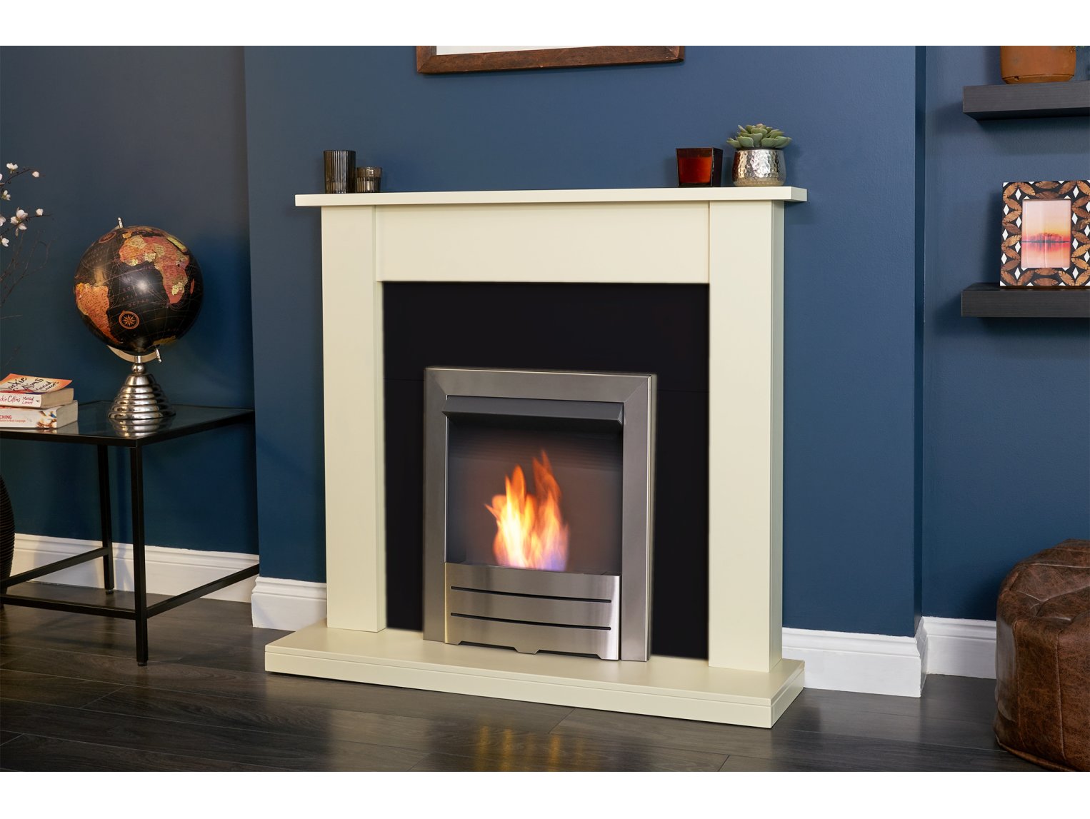 Adam Sutton Fireplace Cream & Black/Cream + Colorado Bio Ethanol Fire Brushed Steel, 43"
