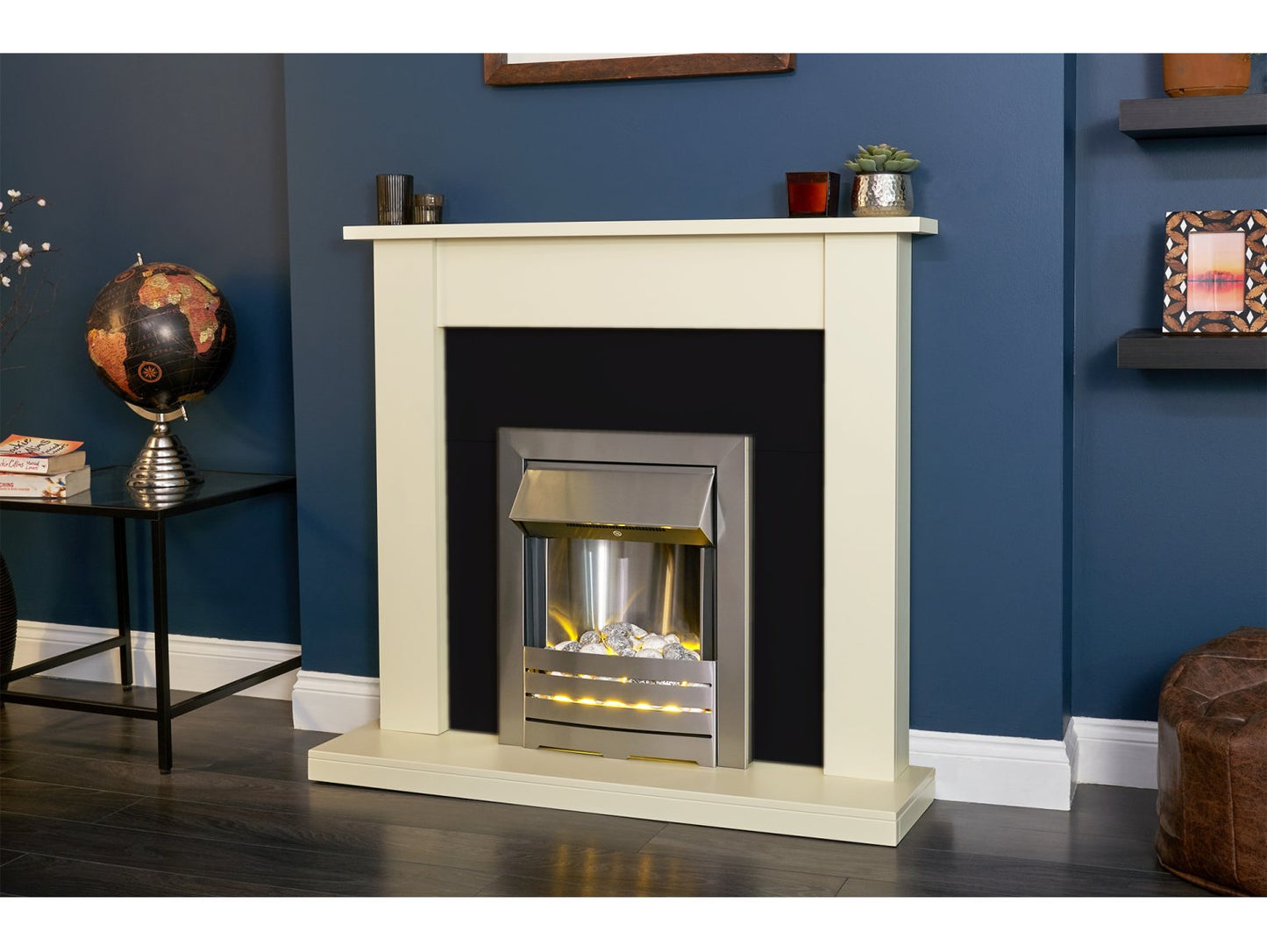 Adam Sutton Fireplace Cream & Black/Cream + Helios Electric Fire Brushed Steel, 43"
