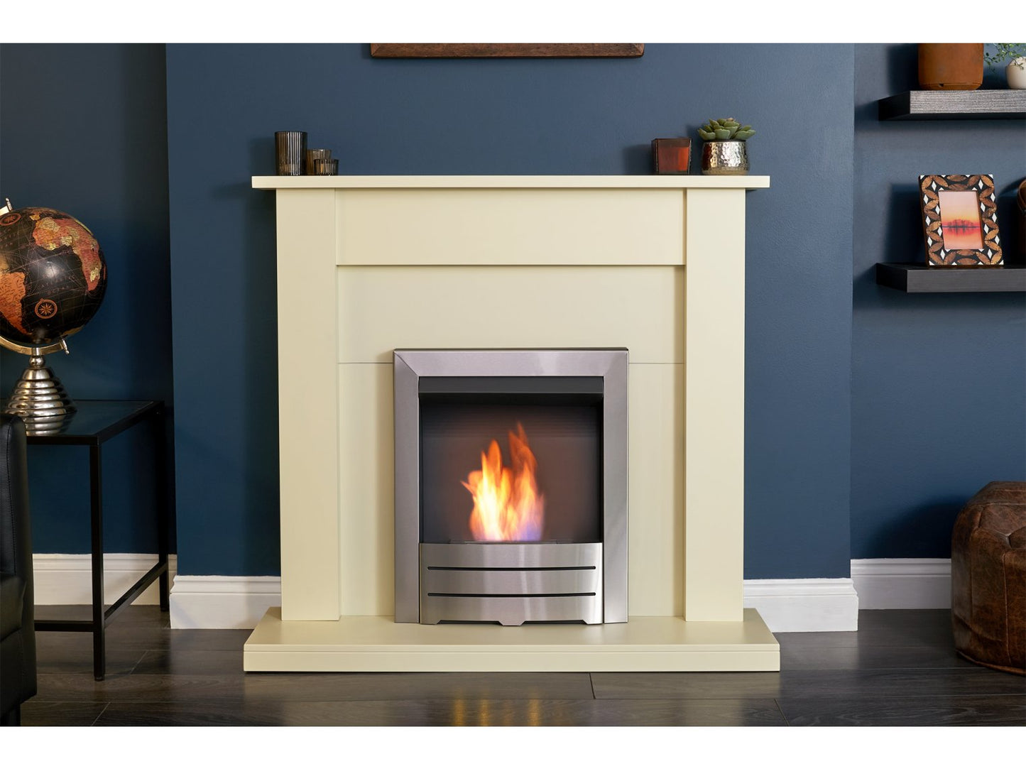Adam Sutton Fireplace Cream & Black/Cream + Colorado Bio Ethanol Fire Brushed Steel, 43"
