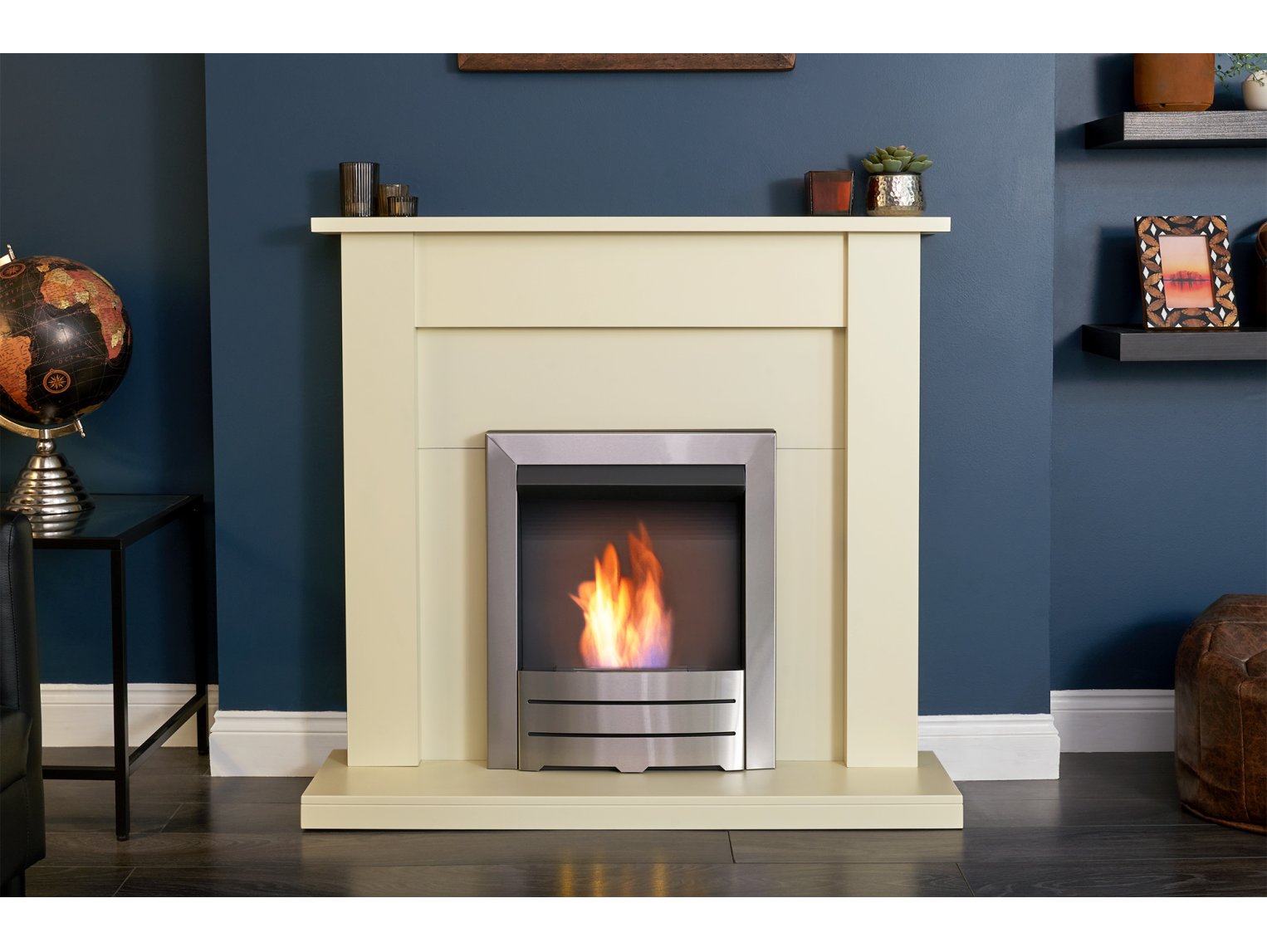 Adam Sutton Fireplace Cream & Black/Cream + Colorado Bio Ethanol Fire Brushed Steel, 43"