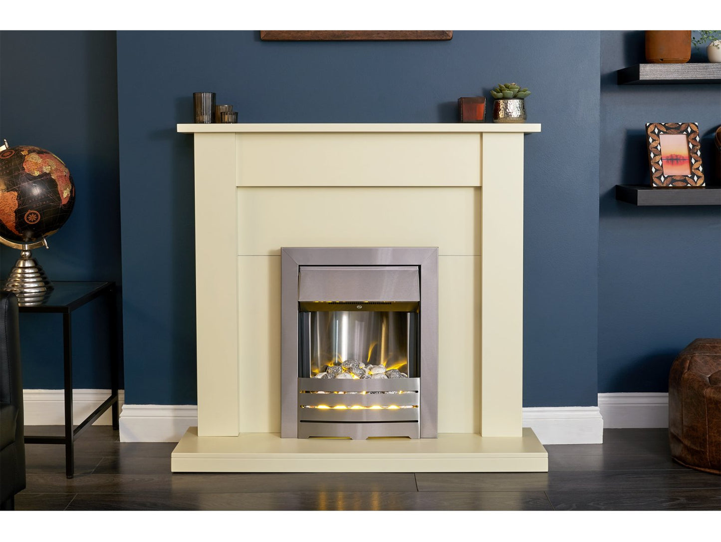 Adam Sutton Fireplace Cream & Black/Cream + Helios Electric Fire Brushed Steel, 43"