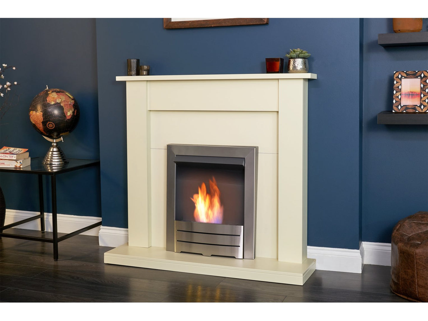 Adam Sutton Fireplace Cream & Black/Cream with Colorado Bio Ethanol Fire Brushed Steel, 43"