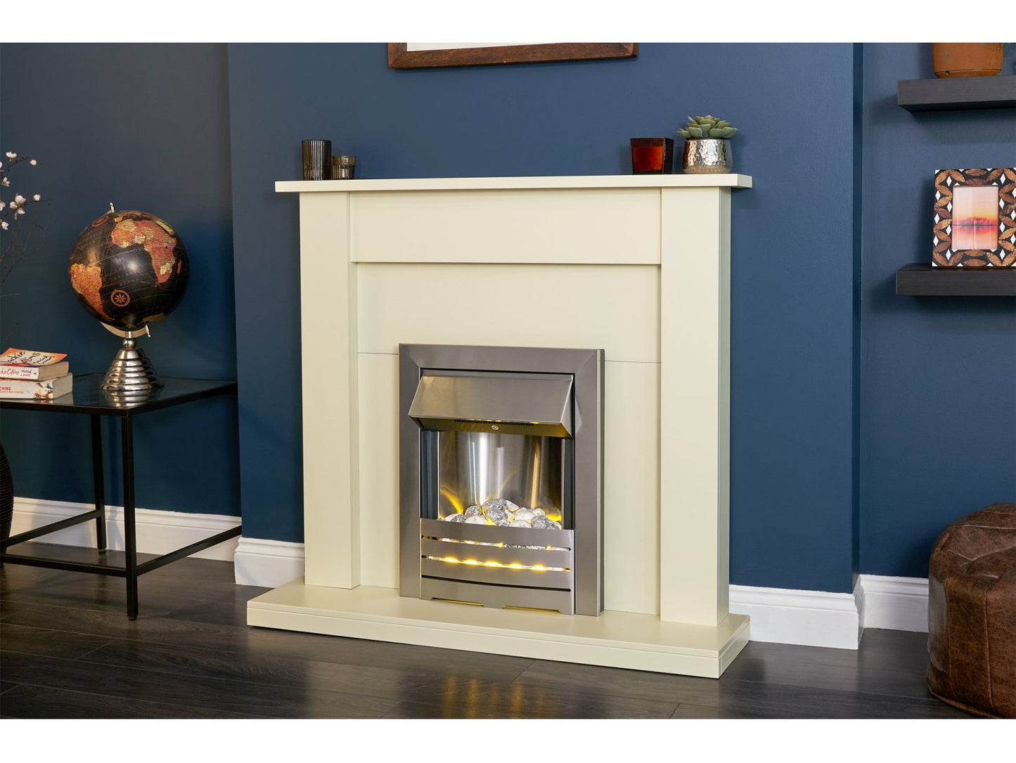 Adam Sutton Fireplace Cream & Black/Cream + Helios Electric Fire Brushed Steel, 43"