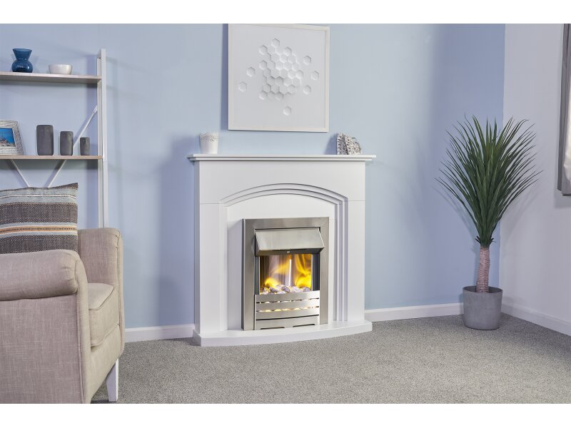 Adam Truro Fireplace Suite Pure White + Helios Electric Fire Brushed Steel, 41"