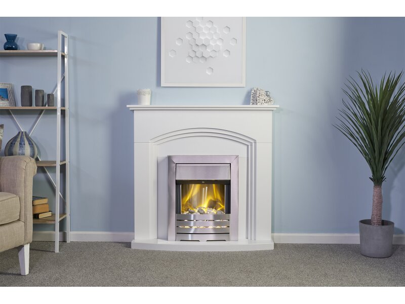 Adam Truro Fireplace Suite Pure White + Helios Electric Fire Brushed Steel, 41"