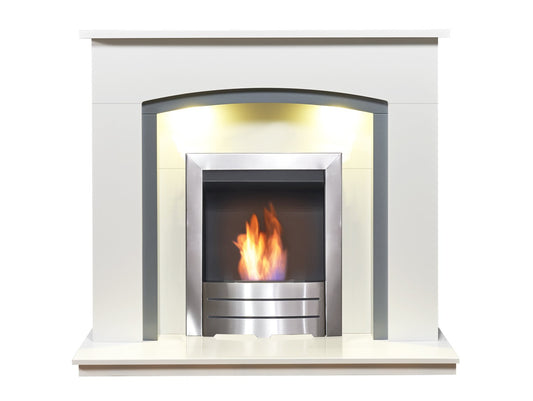 Adam Tuscany Fireplace in Pure White & Grey with Colorado Bio Ethanol Fire in Brushed Steel, 48 Inch