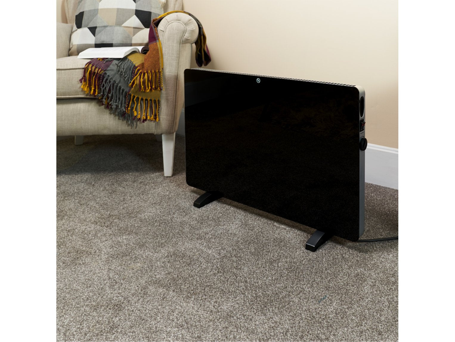 Adam iRad Freestanding Electric Panel Heater Black Glass + Thermostat