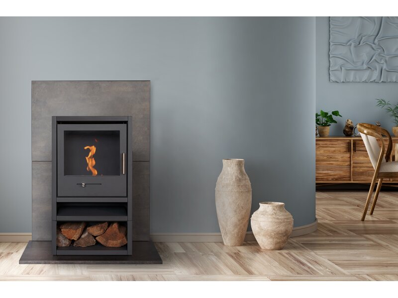 OKO S1 Bio Ethanol Stove with Log Storage in Charcoal Grey