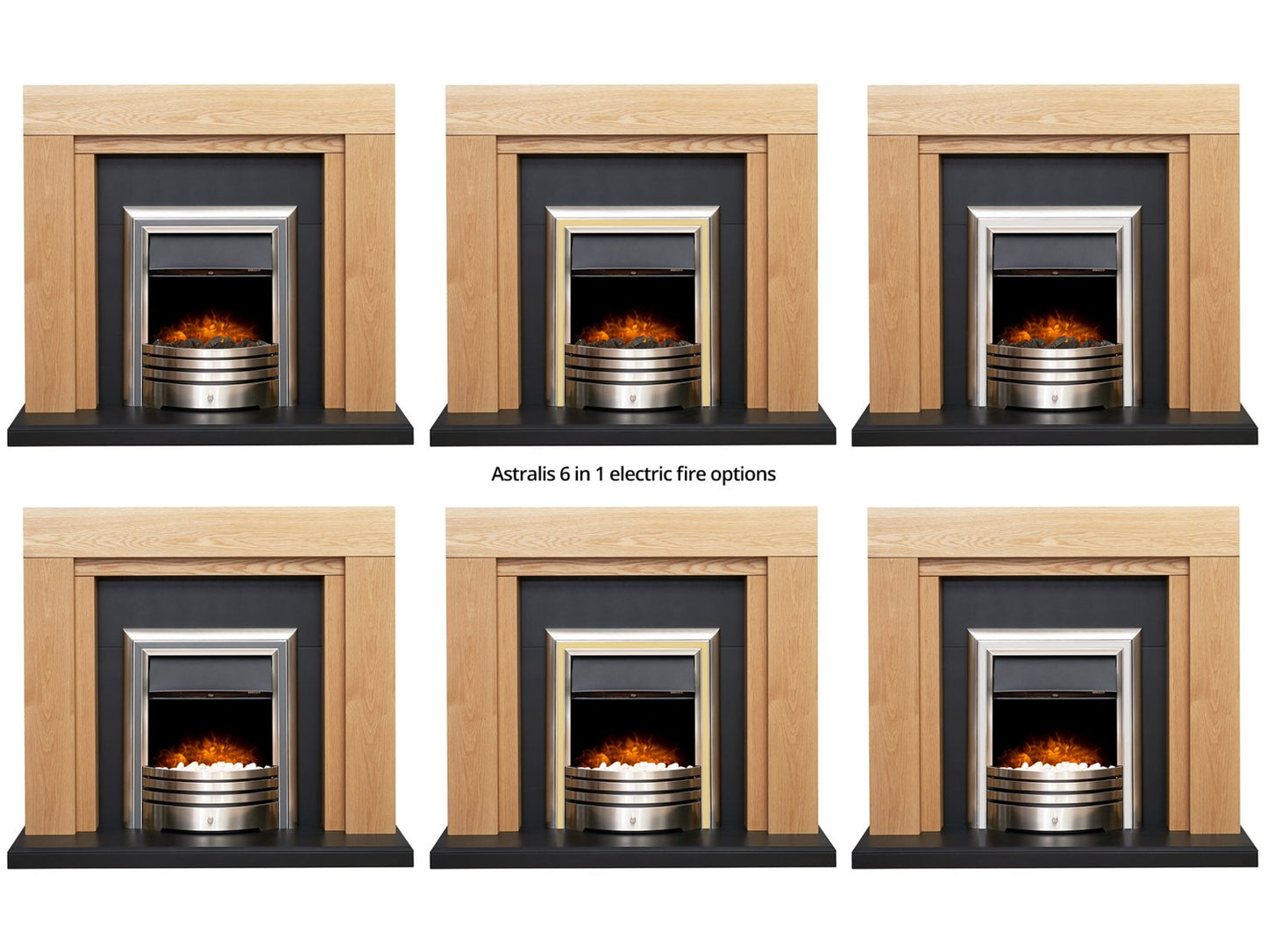 Adam Beaumont Oak & Black Fireplace + Downlights & Astralis 6-in-1 Electric Fire Chrome, 48"