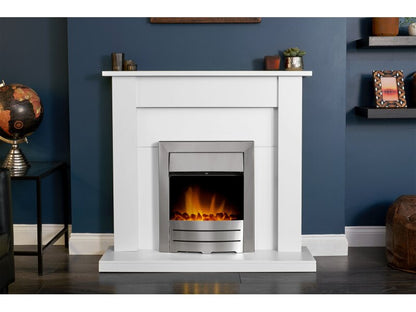 Adam Sutton Fireplace in Pure White with Colorado Electric Fire in Brushed Steel, 43 Inch