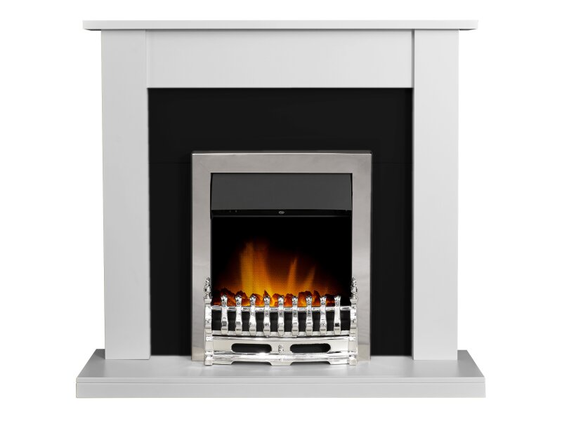 Adam Sutton Fireplace Pure White & Black w Blenheim Electric Fire Chrome, 43 Inch