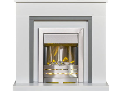 Adam Milan Fireplace in Pure White & Grey with Helios Electric Fire in Brushed Steel, 39 Inch
