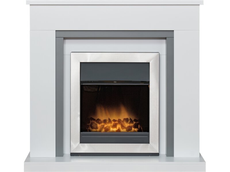 Adam Milan Fireplace in Pure White & Grey with Vancouver Electric Fire in Brushed Steel, 39 Inch