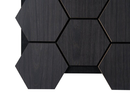 Fuse Acoustic Wooden Hexagon Wall Panel in Charcoal Oak BOX of 4 Panels - CLEARANCE