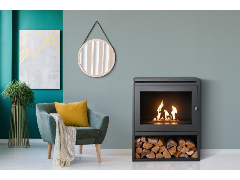 OKO S6 Bio Ethanol Stove with Log Storage in Charcoal Grey