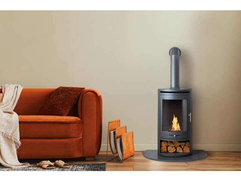 OKO Tall Angled Decorative Metal Stove Pipe in Charcoal Grey
