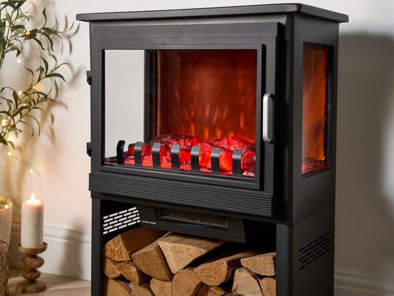 Sureflame Marlow 3-Sided Electric Stove with Log Storage in Black