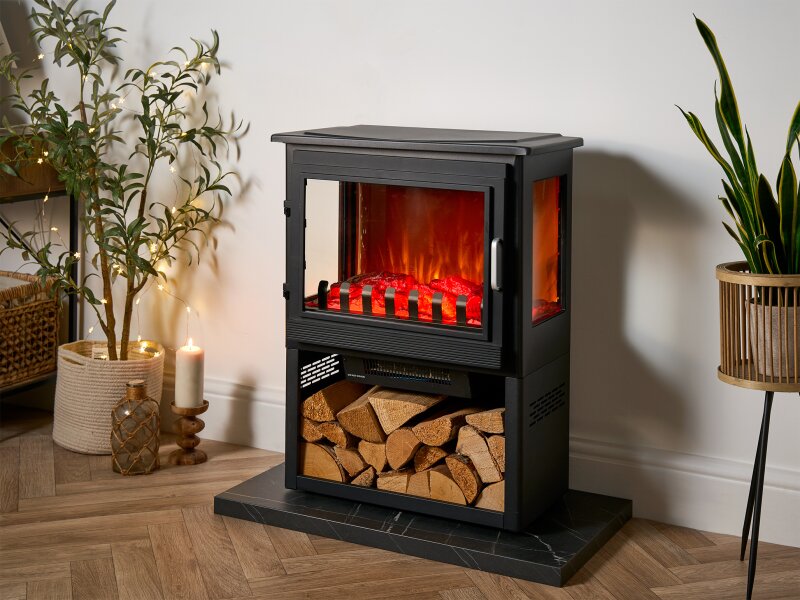 Sureflame Marlow 3-Sided Electric Stove with Log Storage in Black