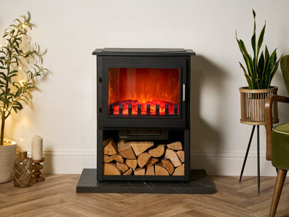 Sureflame Marlow 3-Sided Electric Stove with Log Storage in Black