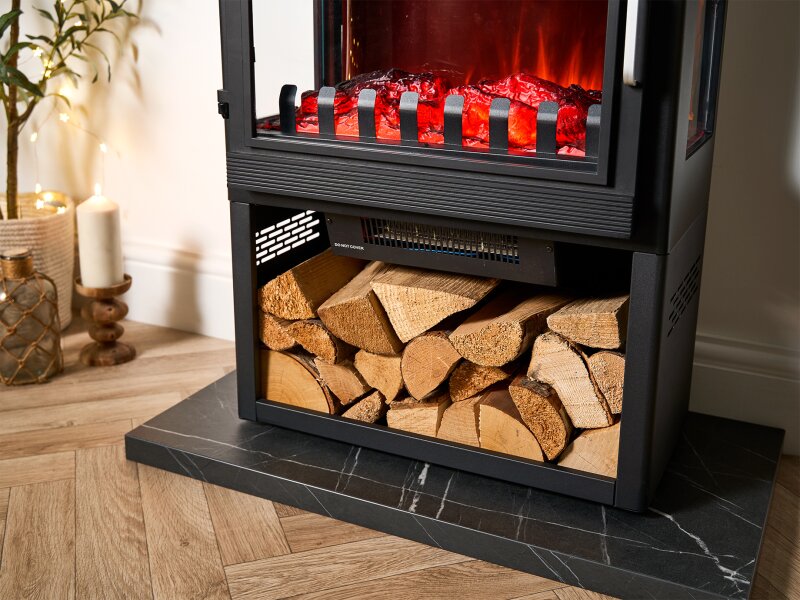 Sureflame Marlow 3-Sided Electric Stove with Log Storage in Black
