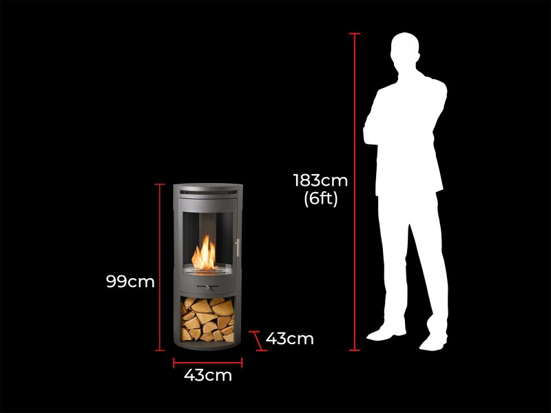 OKO S7 Bio Ethanol Panoramic Stove w Log Storage in Charcoal Grey