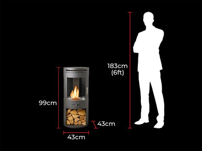OKO S7 Bio Ethanol Panoramic Stove w Log Storage in Charcoal Grey