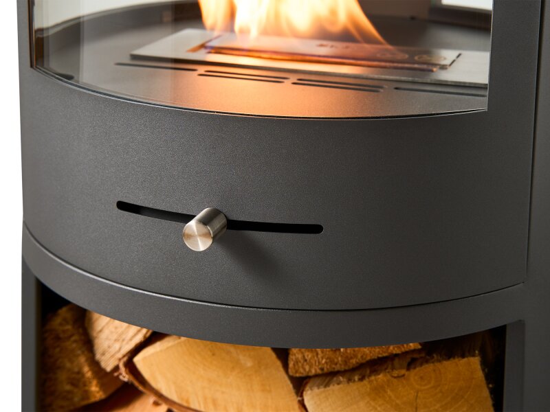 OKO S7 Bio Ethanol Panoramic Stove w Log Storage in Charcoal Grey