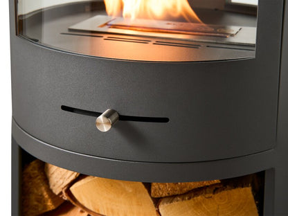 OKO S7 Bio Ethanol Panoramic Stove w Log Storage in Charcoal Grey