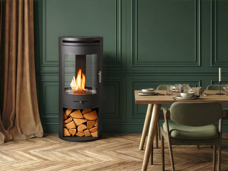 OKO S7 Bio Ethanol Panoramic Stove w Log Storage in Charcoal Grey