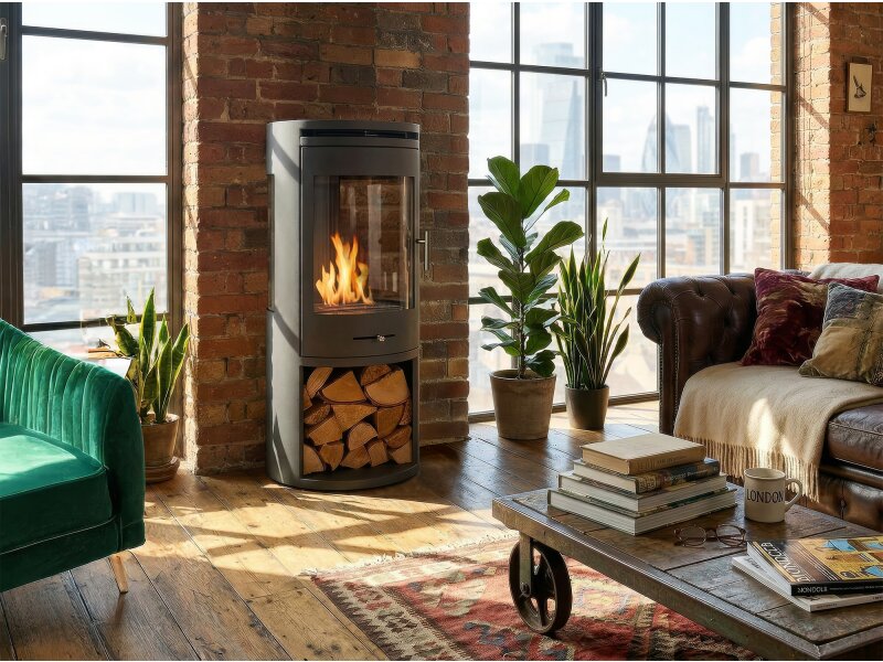 OKO S7 Bio Ethanol Panoramic Stove w Log Storage in Charcoal Grey