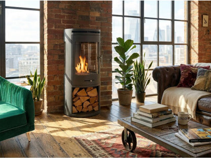OKO S7 Bio Ethanol Panoramic Stove w Log Storage in Charcoal Grey